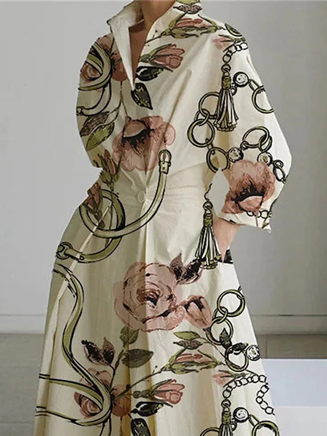 Women's Shirt Dress Casual Dress Swing Dress Maxi Long Dress Outdoor Office Daily Polyester Fashion Modern Shirt Collar Button Pocket Long Sleeve Spring Fall Winter 2023 Loose Fit White Apricot Floral 3 Women's Shirt Dress Casual Dress Swing Dress Maxi Long Dress Outdoor Office Daily Polyester Fashion Modern Shirt Collar Button Pocket Long Sleeve Spring Fall Winter 2023 Loose Fit White Apricot Floral - Image 3
