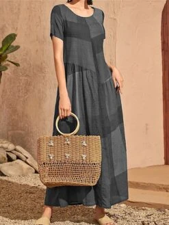 Women's Casual Dress Swing Dress Summer Dress Long Dress Maxi Dress Polyester Streetwear Casual Outdoor Daily Holiday Crew Neck Patchwork Short Sleeve Summer Spring 2023 Loose Fit Red Blue Purple -HAYz Clothing Shop qykyxd1681297397922