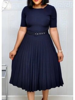 Women‘s Plus Size Curve Party Dress Solid Color Crew Neck Ruched Short Sleeve Spring Fall Work Formal Prom Dress Knee Length Dress Party Work Dress Loose Fit -HAYz Clothing Shop qyosap1620625706359