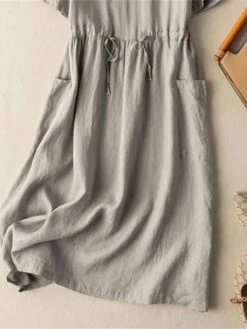Women's Casual Dress Cotton Linen Dress A Line Dress Midi Dress Cotton Blend Basic Casual Outdoor Vacation Shirt Collar Pocket Short Sleeve Summer Spring 2023 Regular Fit Red Green Gray Plain M L XL -HAYz Clothing Shop qyqitj1682673452567