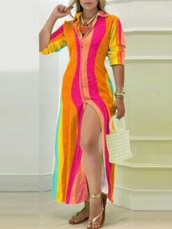 Women's Shirt Dress Casual Dress Maxi Long Dress Outdoor Daily Vacation Polyester Fashion Casual Shirt Collar Button Split Long Sleeve Summer Spring Fall 2023 Loose Fit Black Blue Orange Plaid Color -HAYz Clothing Shop qyrntn1691057426239