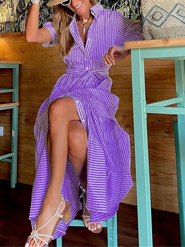 Women's Shirt Dress Casual Dress Swing Dress Maxi Long Dress Outdoor Daily Vacation Polyester Fashion Modern Shirt Collar Ruffle Button Short Sleeve Summer Spring 2023 Regular Fit Blue Purple Green 4 Women's Shirt Dress Casual Dress Swing Dress Maxi Long Dress Outdoor Daily Vacation Polyester Fashion Modern Shirt Collar Ruffle Button Short Sleeve Summer Spring 2023 Regular Fit Blue Purple Green - Image 4