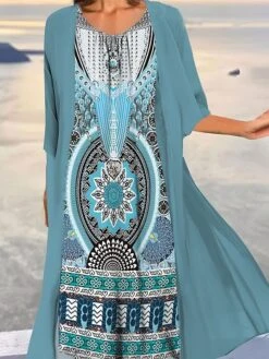 Women's Two Piece Dress Set Casual Dress Print Dress Outdoor Daily Vintage Ethnic Print Midi Dress Crew Neck 3/4 Length Sleeve Floral Tribal Loose Fit Black Navy Blue Royal Blue Summer Spring S M L -HAYz Clothing Shop qzpdke1690857677318