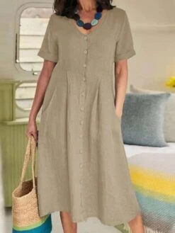 Women's Casual Dress Cotton Linen Dress A Line Dress Maxi Long Dress Cotton Blend Basic Elegant Outdoor Daily Vacation V Neck Button Pocket Short Sleeve Summer Spring Fall 2023 Regular Fit Black -HAYz Clothing Shop qzsxcc1661134207803