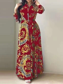 Women's Shirt Dress Casual Dress Swing Dress Maxi Long Dress Outdoor Daily Vacation Polyester Fashion Elegant Shirt Collar Lace Up Button Long Sleeve Spring Fall Winter 2023 Loose Fit ArmyGreen Red -HAYz Clothing Shop qzuqkr1695027667223