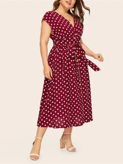 Women‘s Plus Size Curve Flattering Dresses Elegant Apple Shaped Dress Casual Dress A Line Dress Polka Dot Midi Dress Sleeveless Print V Neck Fashion Daily Black White Spring Summer Dress -HAYz Clothing Shop qzwtnb1672800403037