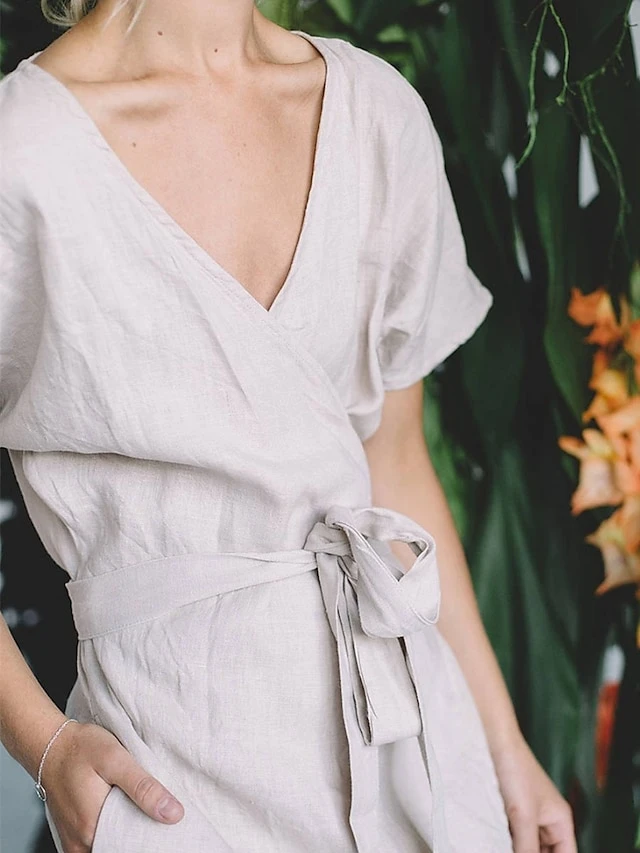 Women's Casual Dress Cotton Linen Dress Wrap Dress Midi Dress Linen / Cotton Blend Fashion Classic Style Outdoor Daily Holiday V Neck Lace Up Pocket Short Sleeve Fall Winter Autumn 2023 Loose Fit 6 Women's Casual Dress Cotton Linen Dress Wrap Dress Midi Dress Linen / Cotton Blend Fashion Classic Style Outdoor Daily Holiday V Neck Lace Up Pocket Short Sleeve Fall Winter Autumn 2023 Loose Fit - Image 6