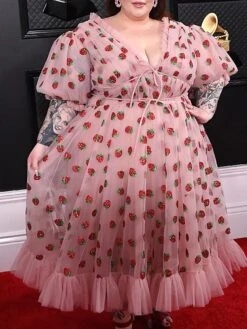 Women‘s Plus Size Curve Party Dress Swing Dress A Line Dress Strawberry Long Dress Maxi Dress Half Sleeve Mesh Patchwork V Neck Fashion Party Pink Spring Summer L XL XXL 3XL 4XL -HAYz Clothing Shop ragisu1676963392360