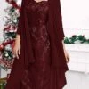 Women's Two Piece Dress Set Party Dress Lace Dress Party Outdoor Fashion Streetwear Lace Patchwork Midi Dress V Neck 3/4 Length Sleeve Plain Regular Fit Wine Fall Winter S M L XL XXL