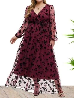 Women's Plus Size Curve Party Dress Formal Dress Burgundy Dress Floral Long Dress Maxi Dress Long Sleeve Lace Up Ruched V Neck Fashion Wedding Wine Spring Fall XL XXL 3XL 4XL 5XL -HAYz Clothing Shop rasxzn1693533328675