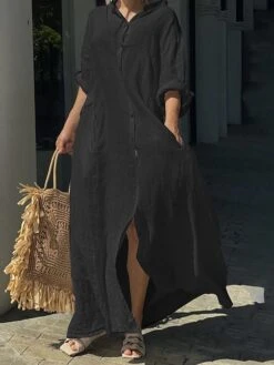 Women's Casual Dress Cotton Linen Dress Black Dress Maxi Long Dress Linen / Cotton Blend Fashion Daily Outdoor Daily Vacation Stand Collar Button Pocket Long Sleeve Fall Autumn 2023 Loose Fit Black -HAYz Clothing Shop rbccsa1692947489248