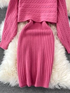 Women's Two Piece Dress Set Casual Dress Sheath Dress Outdoor Daily Fashion Streetwear Ruched Midi Dress Crew Neck Long Sleeve Plain Loose Fit Black White Wine Fall Winter One-Size -HAYz Clothing Shop rbdhhd1694057142833