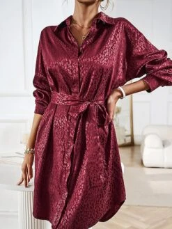 Women's Shirt Dress Midi Dress Outdoor Date Vacation Satin Fashion Elegant Shirt Collar Lace Up Button Long Sleeve Spring Fall Winter 2023 Loose Fit Black Wine Brown Pure Color S M L XL -HAYz Clothing Shop rbdkgx1692856937515