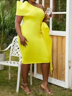 Women's Plus Size Curve Party Dress Cocktail Dress Bodycon Plain Midi Dress Short Sleeve Ruffle Bow One Shoulder Fashion Party Yellow Pink Fall Winter XL XXL 3XL 4XL -HAYz Clothing Shop rbjmpw1694425974772