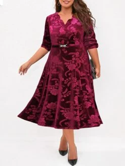 Women's Plus Size Party Dress Velvet Dress Cocktail Dress Midi Dress Wine Blue Purple Long Sleeve Floral Jacquard Spring Fall Winter Split Neck Fashion Winter Dress Wedding Guest Vacation 2023 XL XXL