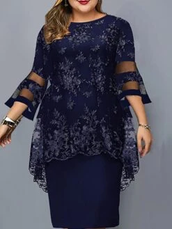 Women's Plus Size Curve Wedding Guest Dress Lace Party Dress Crew Neck Print 3/4 Length Sleeve Mother Dress Spring Fall Dress Elegant Formal Midi Dress Party Cocktail Dress -HAYz Clothing Shop rblcqe1652667652576