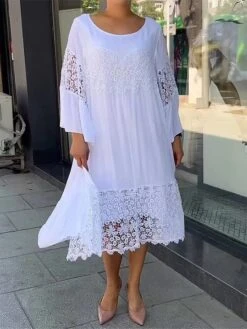Women's Casual Dress Cotton Linen Dress Lace Dress Midi Dress Lace Basic Classic Outdoor Daily Vacation Crew Neck Lace Patchwork Long Sleeve Summer Spring Fall 2023 Loose Fit White Plain S M L XL 2XL -HAYz Clothing Shop rbsjcf1689837130235