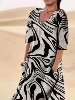 Women's Casual Dress Cotton Linen Dress Swing Dress Midi Dress Polyester Fashion Casual Daily Outdoor Daily Vacation Crew Neck Pocket Print 3/4 Length Sleeve Summer Spring Fall 2023 Regular Fit Black -HAYz Clothing Shop rbuvjl1690959736600