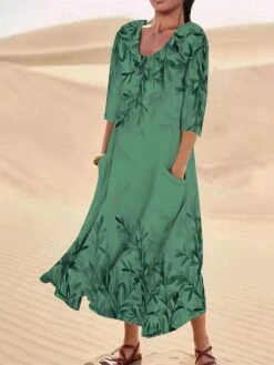 Women's Casual Dress Cotton Linen Dress Midi Dress Polyester Fashion Casual Daily Outdoor Daily Vacation Crew Neck Pocket Print Half Sleeve Summer Spring Fall 2023 Loose Fit ArmyGreen White Red Leaf -HAYz Clothing Shop rcbwqy1690365372249