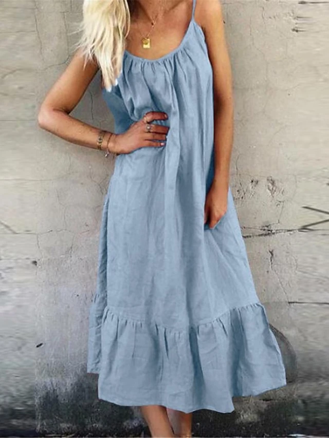 Women's Casual Dress Cotton Linen Dress A Line Dress Midi Dress Cotton Blend Basic Modern Outdoor Daily Vacation Spaghetti Strap Ruffle Sleeveless Summer Spring 2023 Loose Fit White Pink Sky Blue 4 Women's Casual Dress Cotton Linen Dress A Line Dress Midi Dress Cotton Blend Basic Modern Outdoor Daily Vacation Spaghetti Strap Ruffle Sleeveless Summer Spring 2023 Loose Fit White Pink Sky Blue - Image 4