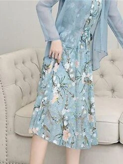 Women's Two Piece Dress Set Print Dress Outdoor Daily Modern Casual Lace Up Ruched Midi Dress V Neck Long Sleeve Floral Regular Fit Black Pink Blue Summer Spring M L XL XXL XXXL -HAYz Clothing Shop rcoeou1678430837217