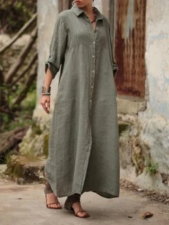 Women's Shirt Dress Casual Dress Cotton Linen Dress Maxi Long Dress Linen / Cotton Blend Basic Classic Outdoor Daily Vacation Shirt Collar Button Split Long Sleeve Summer Spring Fall 2023 Loose Fit