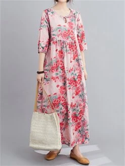 Women's Casual Dress Cotton Linen Dress Swing Dress Midi Dress Linen / Cotton Blend Sweet Style Modern Outdoor Daily Holiday Crew Neck Print 3/4 Length Sleeve Fall Winter Autumn 2023 Loose Fit Light -HAYz Clothing Shop rcwjso1693553163065