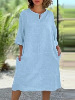 Women's Casual Dress Cotton Linen Dress Midi Dress Linen / Cotton Blend Daily Casual Daily Outdoor Vacation Weekend Crew Neck Button Pocket 3/4 Length Sleeve Summer Spring Fall 2023 Loose Fit Black -HAYz Clothing Shop rcxzdo1689762273412