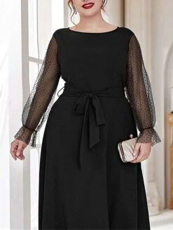 Women's Plus Size Prom Dress Party Dress Wedding Guest Dress Long Dress Maxi Dress Black Brown Long Sleeve Pure Color Lace Up Fall Winter Autumn Crew Neck Fashion Winter Dress Evening Party Wedding -HAYz Clothing Shop rczcor1693535306061