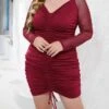 Women's Plus Size Curve Party Dress Cocktail Dress Wedding Guest Dress Mini Dress Black Red Blue Long Sleeve Pure Color Ruched Spring Fall Winter V Neck Fashion Birthday Wedding Guest Vacation XL XXL