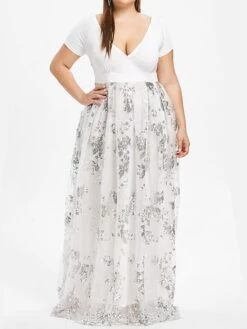 Women's Plus Size Swing Dress Solid Color V Neck Layered Short Sleeve Fall Prom Dresses Maxi Long Dress Party Dress