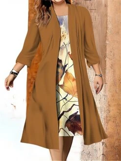 Women's Plus Size Two Piece Dress Set Casual Dress Swing Dress Outdoor Office Fashion Streetwear Print Midi Dress Crew Neck 3/4 Length Sleeve Leaf Regular Fit Blue Camel Brown Fall Winter L XL XXL