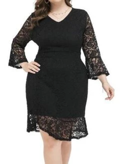 Women's Plus Size Party Dress Lace Dress Cocktail Dress Midi Dress Black 3/4 Length Sleeve Pure Color Lace Spring Fall Winter V Neck Fashion Winter Dress Birthday Wedding Guest 2023 XL XXL 3XL 4XL -HAYz Clothing Shop rdfddl1693535470373