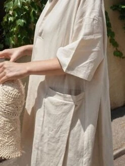 Women's Casual Dress Cotton Linen Dress Swing Dress Maxi Long Dress Cotton Blend Basic Casual Outdoor Daily V Neck Pocket 3/4 Length Sleeve Summer Spring Fall 2023 Loose Fit Blue Green Apricot Plain -HAYz Clothing Shop rdflds1679554401951