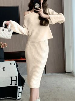 Women's Two Piece Dress Set Casual Dress Skirt Set Outdoor Daily Fashion Streetwear Ruched Midi Dress V Neck Long Sleeve Plain Slim Black Pink Green Fall Winter One-Size -HAYz Clothing Shop rdgosd1693374470669