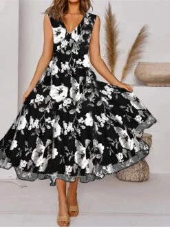 Women's Two Piece Dress Set Casual Dress Chiffon Dress Outdoor Daily Fashion Elegant Print Midi Dress V Neck Half Sleeve Floral Regular Fit Black Pink Gray Summer Spring S M L XL XXL -HAYz Clothing Shop rdkqcw1684150912810