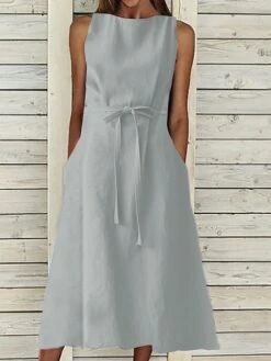 Women's Casual Dress Cotton Linen Dress A Line Dress Midi Dress Cotton And Linen Basic Classic Outdoor Daily Vacation Crew Neck Lace Up Sleeveless Summer Spring 2023 Regular Fit Navy Blue Orange