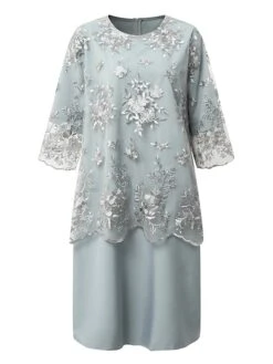 Women's Plus Size Curve Wedding Guest Dress Lace A Line Dress Floral Round Neck Lace 3/4 Length Sleeve Spring Summer Casual Mother‘s Day Knee Length Dress Daily Holiday Dress -HAYz Clothing Shop rdtncu1693288347646