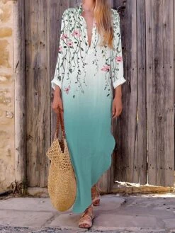 Women's Casual Dress Cotton Linen Dress Maxi Long Dress Polyester Fashion Casual Daily Outdoor Daily Vacation Split Neck Split Print Long Sleeve Summer Spring Fall 2023 Loose Fit White Pink Navy Blue -HAYz Clothing Shop rdvbon1690365283290