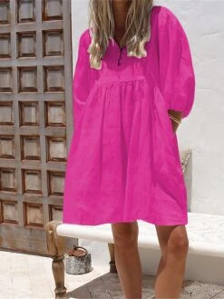 Women's Casual Dress Cotton Linen Dress Black Dress Midi Dress Linen / Cotton Blend Casual Daily Street Style Holiday Vacation Weekend V Neck Pocket Puff Sleeve 3/4 Length Sleeve Spring Fall 2023 -HAYz Clothing Shop rdxnvr1689325834505