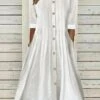 Women's Cotton Linen Dress Swing Dress Midi Dress Cotton And Linen Fashion Modern Daily Vacation Crew Neck Pleated Button Half Sleeve Summer Spring 2023 Regular Fit White Pink Blue Pure Color S M L