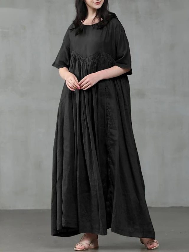 Women's Casual Dress Cotton Linen Dress Swing Dress Long Dress Maxi Dress Black Pink Green Short Sleeve Pure Color Ruched Spring Fall Autumn Crew Neck Elegant Vacation Loose Fit 2022 S M L XL XXL 3XL 9 Women's Casual Dress Cotton Linen Dress Swing Dress Long Dress Maxi Dress Black Pink Green Short Sleeve Pure Color Ruched Spring Fall Autumn Crew Neck Elegant Vacation Loose Fit 2022 S M L XL XXL 3XL - Image 9