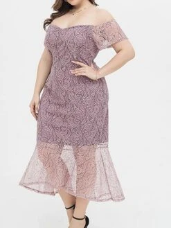 Women's Plus Size Prom Dress Party Dress Lace Dress Midi Dress Pink Short Sleeve Pure Color Lace Spring Fall Winter Off Shoulder Fashion Birthday Evening Party Wedding Guest 2023 XL XXL 3XL 4XL -HAYz Clothing Shop rdztes1693535467637