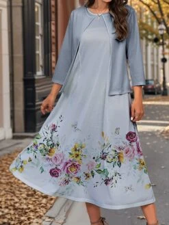 Women's Two Piece Dress Set Casual Dress Swing Dress Outdoor Office Fashion Streetwear Print Midi Dress Crew Neck 3/4 Length Sleeve Floral Regular Fit Pink Green Gray Fall Winter S M L XL XXL -HAYz Clothing Shop rehmmg1697785986061