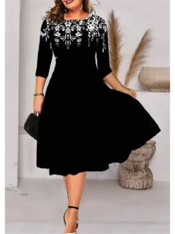 Women‘s Plus Size Curve A Line Dress Floral Crew Neck Print 3/4 Length Sleeve Spring Fall Elegant Casual Midi Dress Daily Vacation Dress 3D Print -HAYz Clothing Shop reiaeu1661854836294