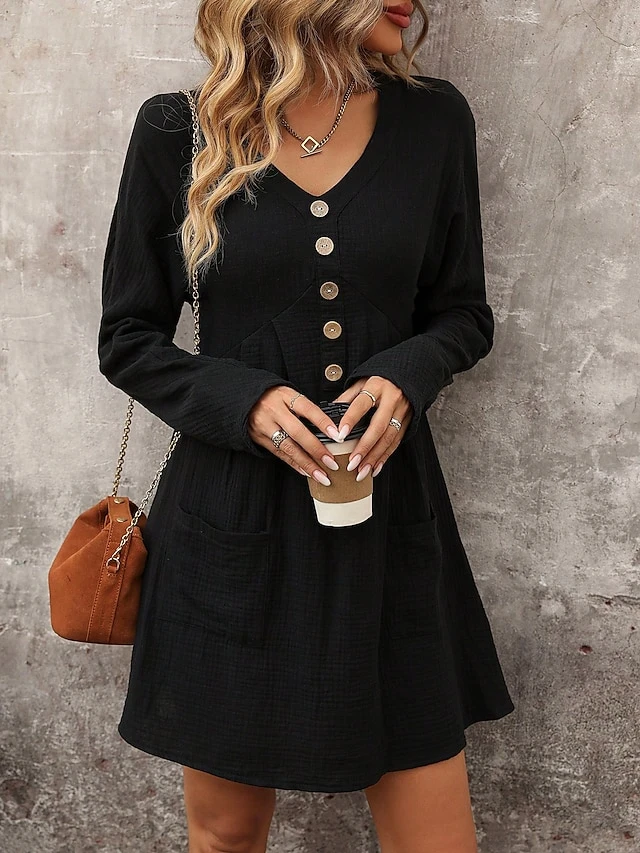 Women's Cotton Linen Dress Mini Dress Cotton Modern Style Casual Work Daily Vacation V Neck Button Long Sleeve Fall Winter 2023 Loose Fit Black Plain S M L XL 3 Women's Cotton Linen Dress Mini Dress Cotton Modern Style Casual Work Daily Vacation V Neck Button Long Sleeve Fall Winter 2023 Loose Fit Black Plain S M L XL - Image 3