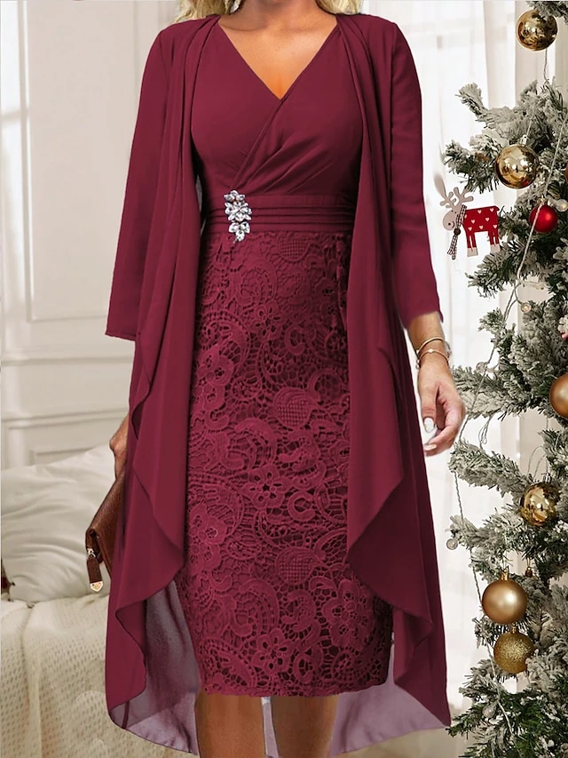 Women's Two Piece Dress Set Casual Dress Lace Dress Outdoor Daily Fashion Elegant Lace Patchwork Midi Dress V Neck Long Sleeve Plain Regular Fit Wine Blue Sky Blue Fall Winter S M L XL XXL 1 Women's Two Piece Dress Set Casual Dress Lace Dress Outdoor Daily Fashion Elegant Lace Patchwork Midi Dress V Neck Long Sleeve Plain Regular Fit Wine Blue Sky Blue Fall Winter S M L XL XXL