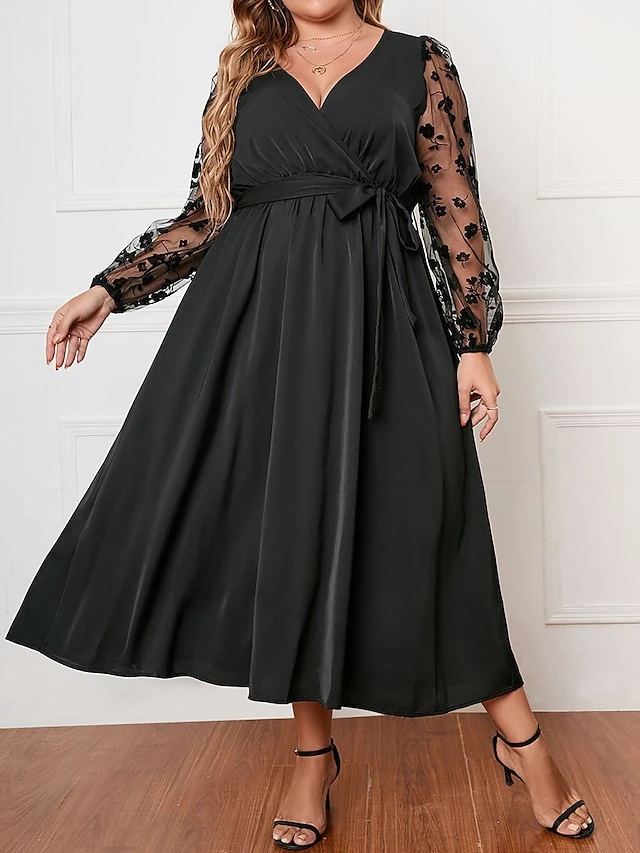 Women's Plus Size Curve Party Dress Wedding Guest Dress Black Dress Long Dress Maxi Dress Black Long Sleeve Flower Patchwork Spring Fall Winter V Neck Fashion Winter Dress Evening Party Wedding Guest 2 Women's Plus Size Curve Party Dress Wedding Guest Dress Black Dress Long Dress Maxi Dress Black Long Sleeve Flower Patchwork Spring Fall Winter V Neck Fashion Winter Dress Evening Party Wedding Guest - Image 2