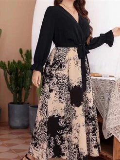 Women's Plus Size Prom Dress Party Dress Wedding Guest Dress Long Dress Maxi Dress Black Long Sleeve Print Lace Up Fall Winter Autumn V Neck Fashion Winter Dress Evening Party Wedding Guest 2023 L XL -HAYz Clothing Shop repuep1693535457508