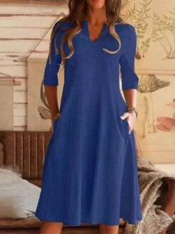 Women's Casual Dress Cotton Linen Dress Swing Dress Midi Dress Linen Cotton Blend Basic Casual Outdoor Daily Vacation V Neck Pocket Half Sleeve Summer Spring 2023 Regular Fit Black Blue Gray Plain S -HAYz Clothing Shop reqiib1673598817554